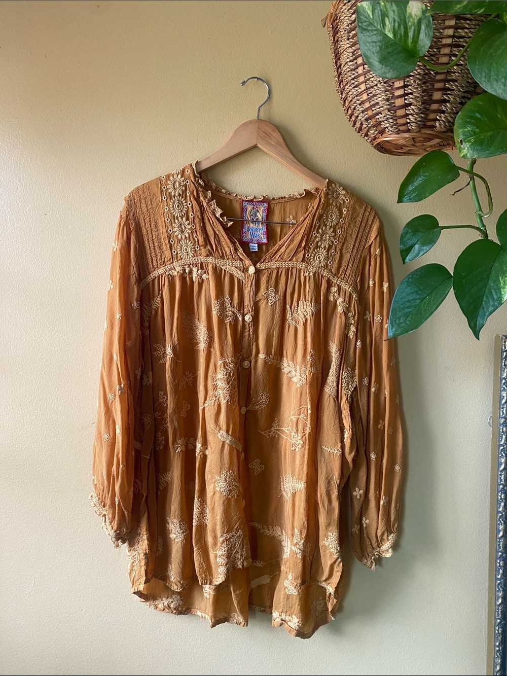 Johnny Was Rust-Tan Embroidered Boho Tunic XXL